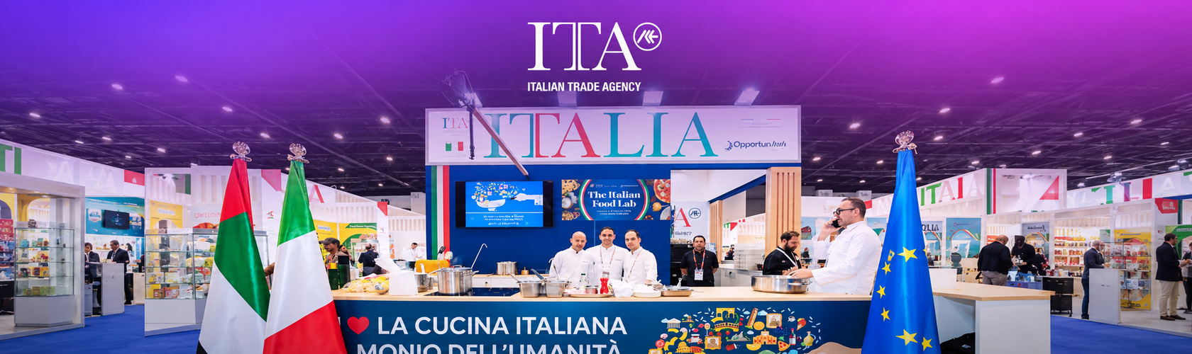 Italian Trade Agency exhibition stand with chefs and trade visitors